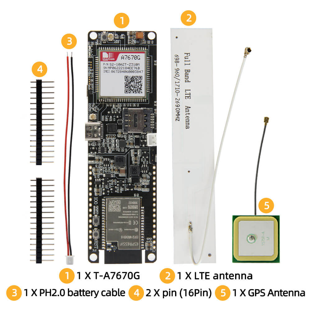 Placa LilyGO T-A7670: ESP32 com modem 4G LTE Cat-1 e GNSS, com antenas LTE e GPS
