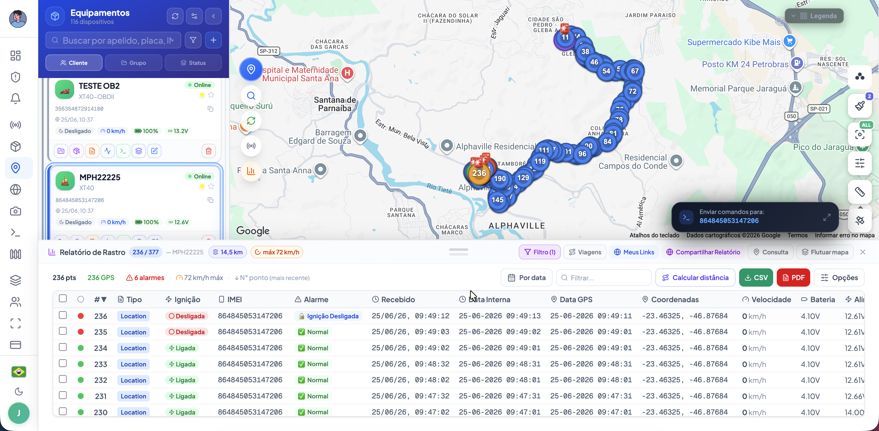 Relatório de rastro com histórico GPS — plataforma Vitallin